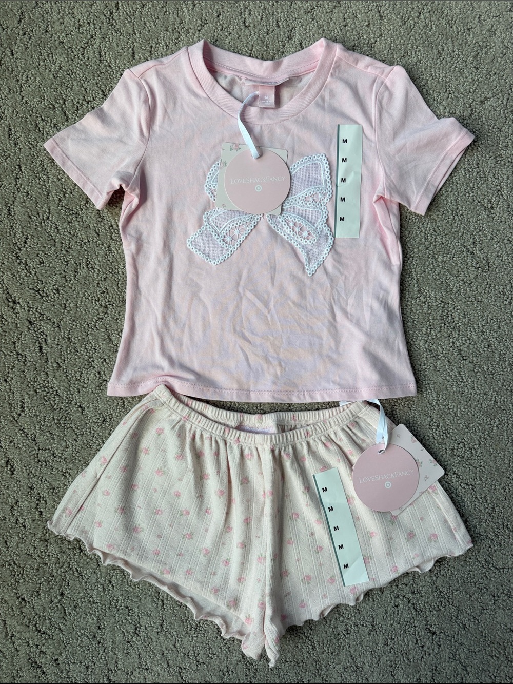 LOVESHACKFANCY Cottagecore T-Shirt & Short Set Pink Bundle Girls Lounge Med NWT